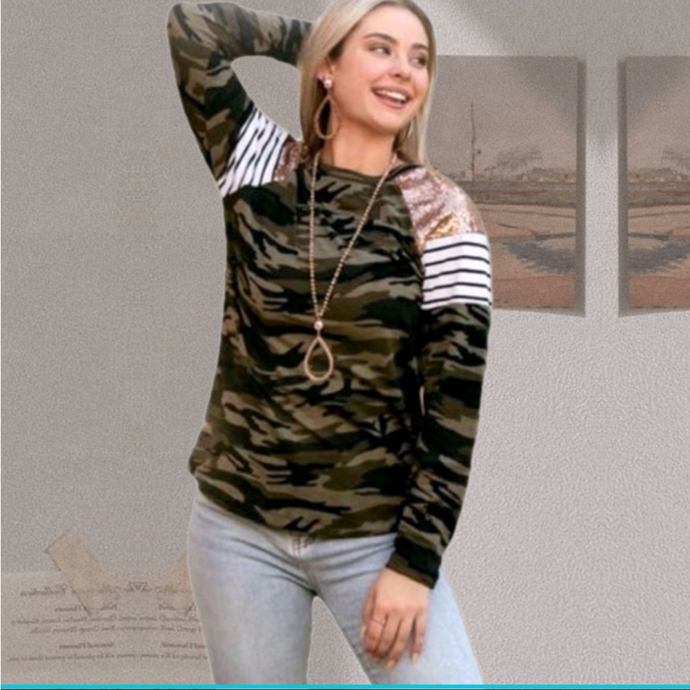 Rose Gold Sequins & Stripes Camo Long Sleeve Top - Picture 2 of 5